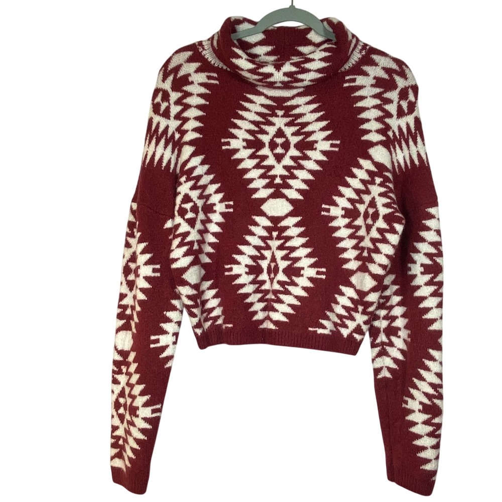 No Boundaries Cropped Turtleneck Sweater Junior Girl Sz L (11-13)‎ Red Aztec